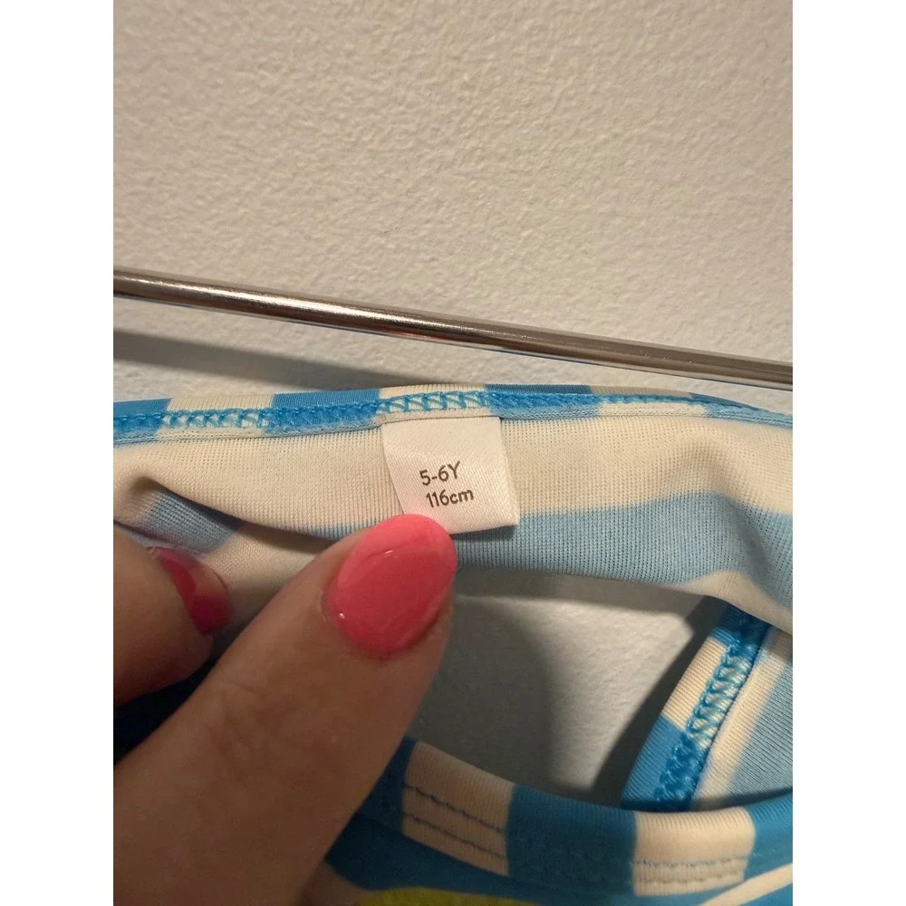 Boden Girls Blue White Striped Floral Embroidered Bikini Swim Top Size 5-6Y